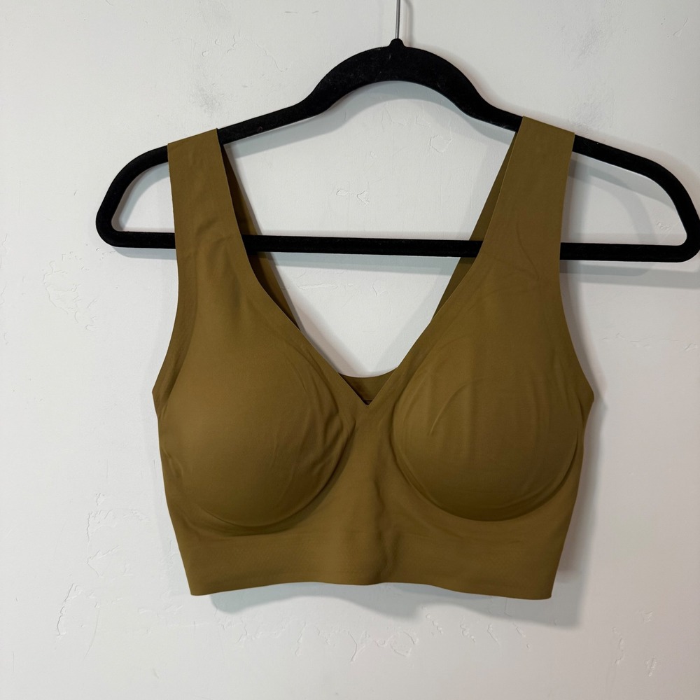 EBY Womens Wireless Bralette Bra Large Olive Green V-Neck Padded